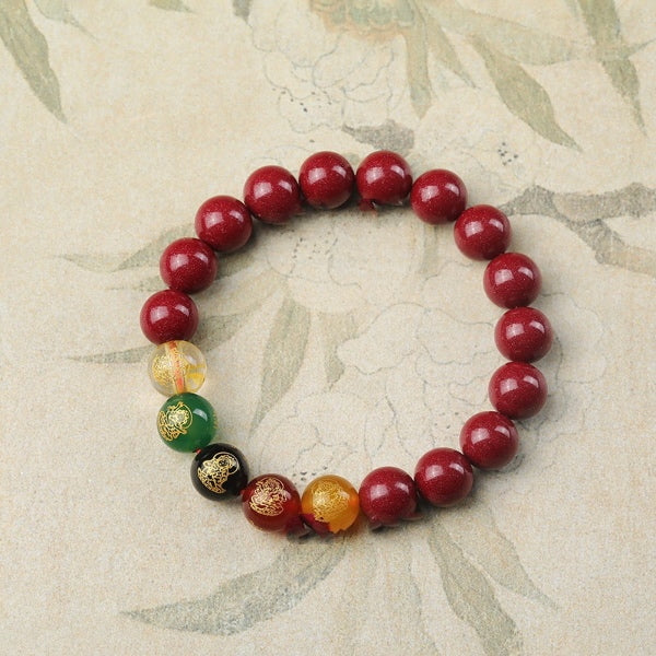 Natural Red Cinnabar Bracelet – Five Wealth Gods Totem, 12mm Elastic Fit