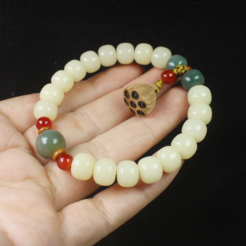Creamy Bodhi Root Bracelet – Lotus Charm, Elastic Fit