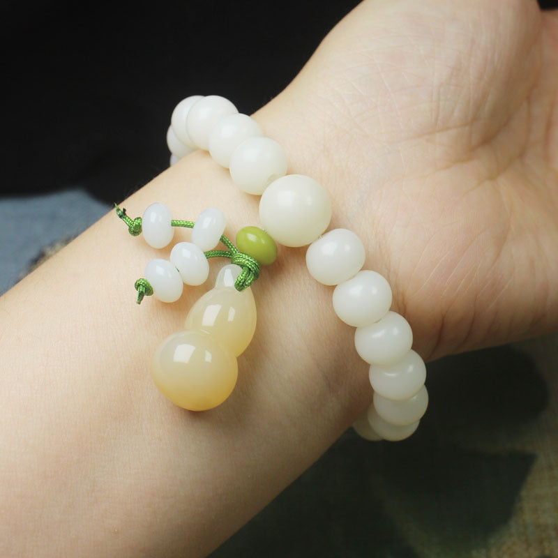 White Jade Apple Bead Bracelet – Gourd Pendant Design, Blessing Symbol