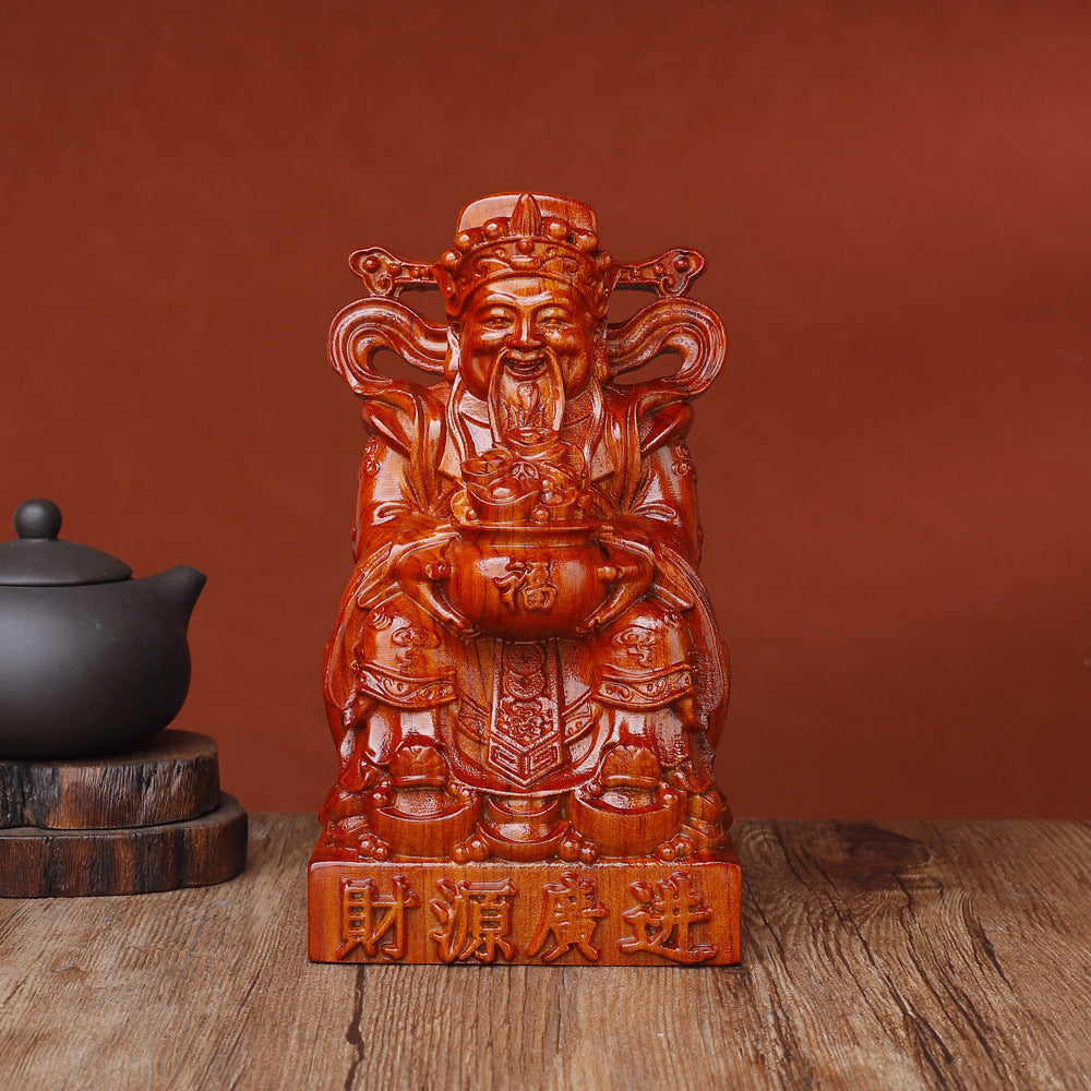 Hand-Carved God of Wealth Statue – Solid Rosewood, “Prosperity” Inscription (15cm)