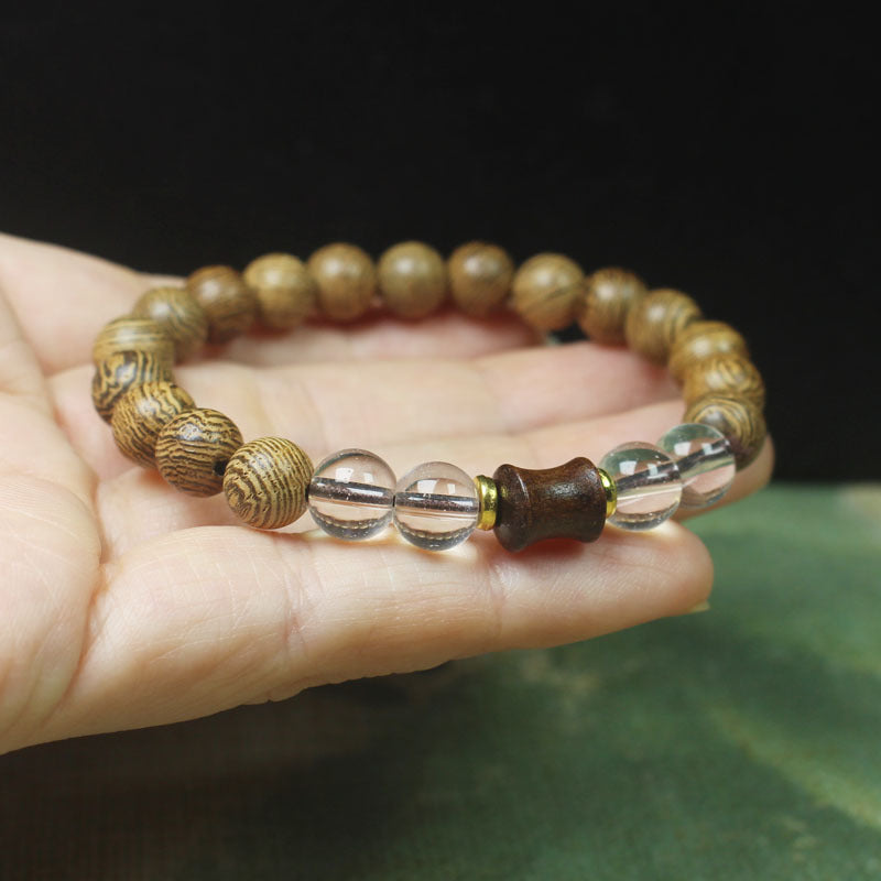 8mm Chicken-Wing Wood Bead Bracelet – Bamboo Accent & Crystal Details, Elastic Fit