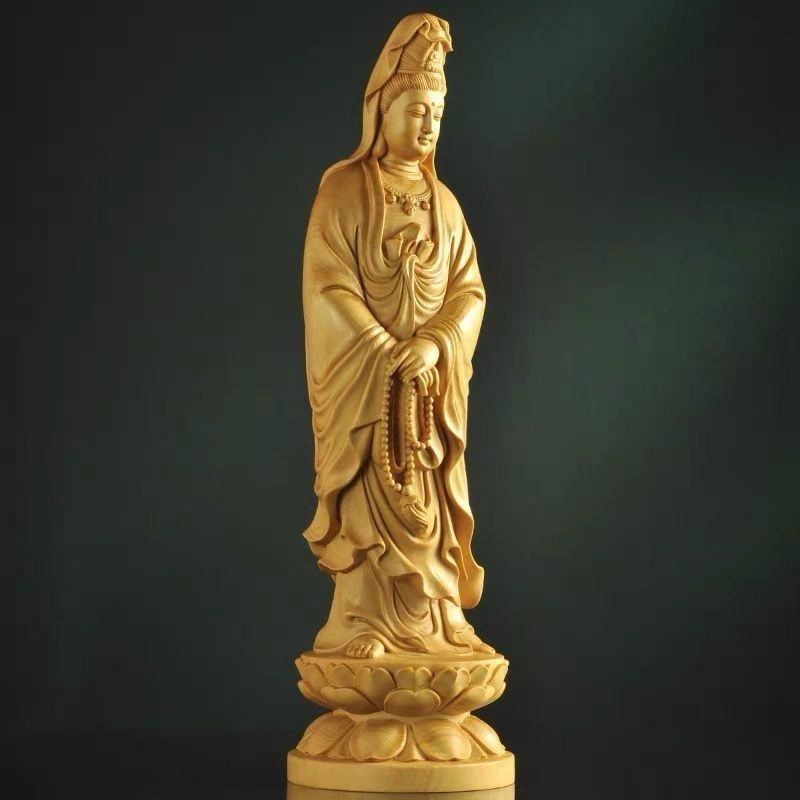 Sandalwood Guanyin Statue – Hand-Carved Standing Bodhisattva, Peaceful Blessing