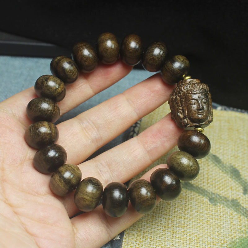 Aromatic Agarwood 15mm Bead Bracelet – Three-Faced Buddha Totem