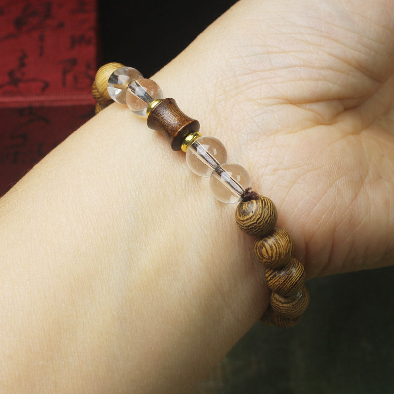 8mm Chicken-Wing Wood Bead Bracelet – Bamboo Accent & Crystal Details, Elastic Fit