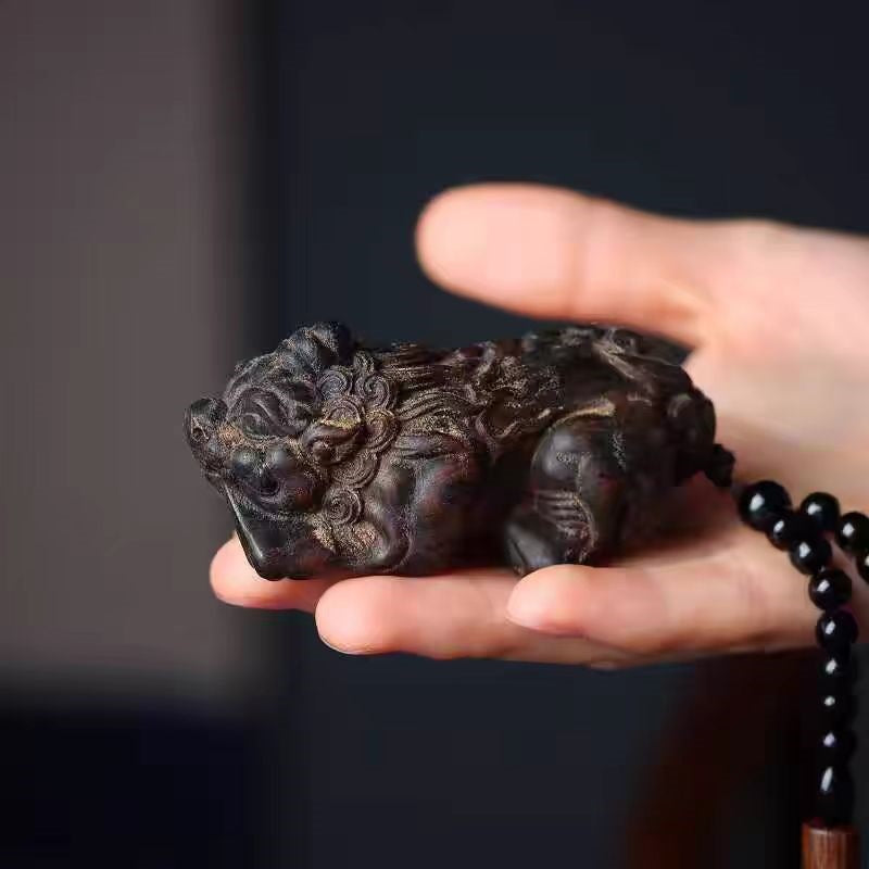 Agarwood Carved Pixiu Pendant – One-Horned Wealth Beast, Dark Finish