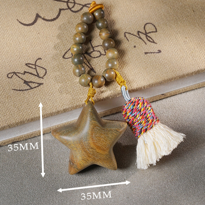 Handcrafted Green Sandalwood Charms – Star & Moon Tassel Keychain