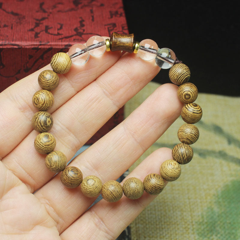 8mm Chicken-Wing Wood Bead Bracelet – Bamboo Accent & Crystal Details, Elastic Fit