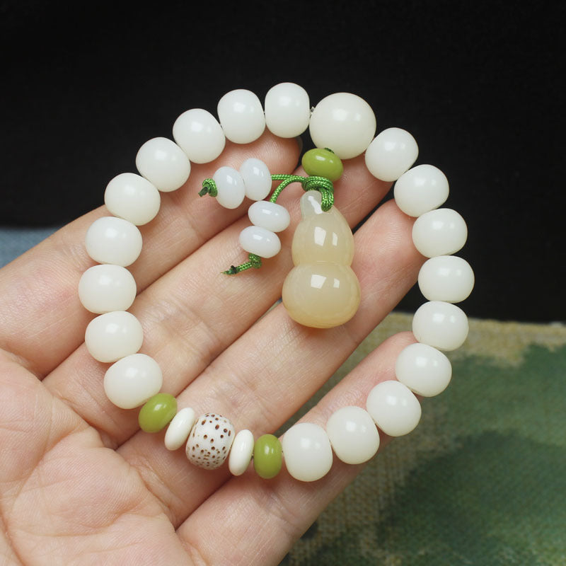 White Jade Apple Bead Bracelet – Gourd Pendant Design, Blessing Symbol
