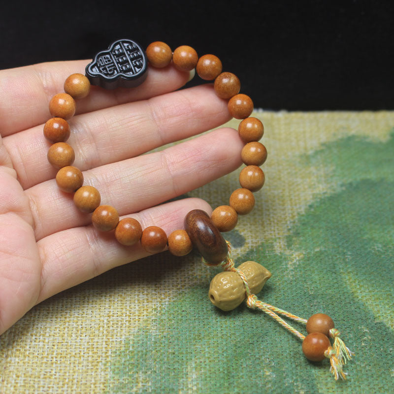 Peanut & Gourd Bracelet – Aromatic Wood Beads with Lucky Charms (Elastic Fit)