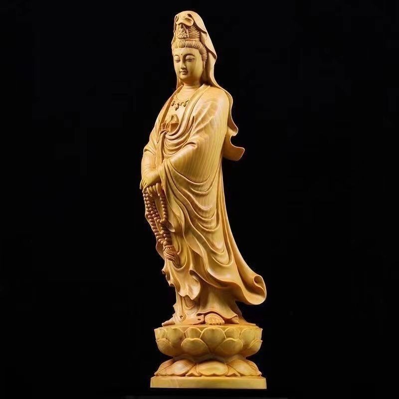 Sandalwood Guanyin Statue – Hand-Carved Standing Bodhisattva, Peaceful Blessing