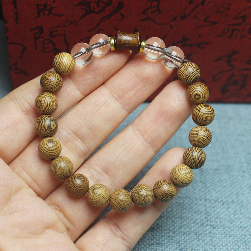 8mm Chicken-Wing Wood Bead Bracelet – Bamboo Accent & Crystal Details, Elastic Fit