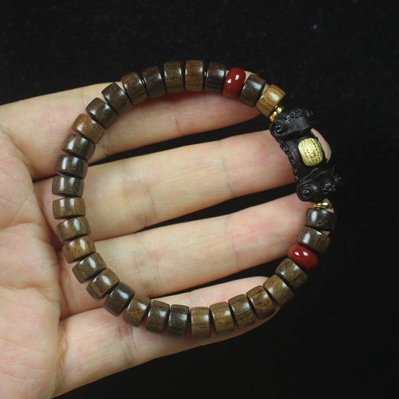 Chunky Wood Bead Bracelet – 8mm Thick Disc Beads with Ruyi Charm and Red Accents