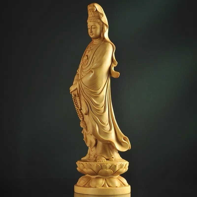 Sandalwood Guanyin Statue – Hand-Carved Standing Bodhisattva, Peaceful Blessing