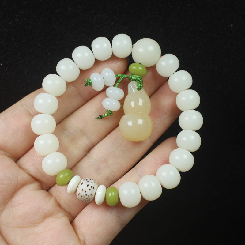 White Jade Apple Bead Bracelet – Gourd Pendant Design, Blessing Symbol