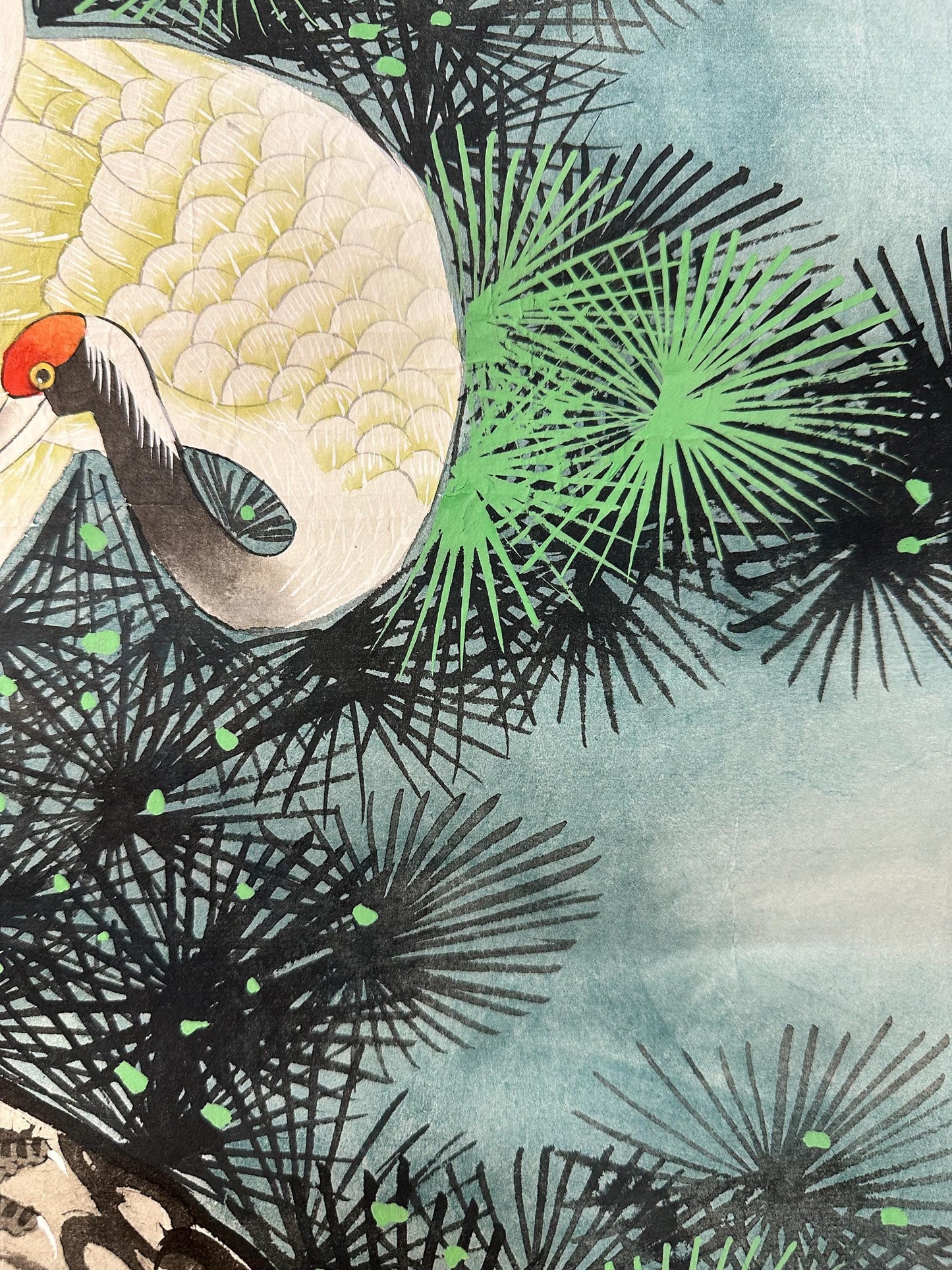 Original Chinese Gongbi Painting, Two Cranes & Pine Tree, Hand Painted Asian Wall Art, 25 Inches