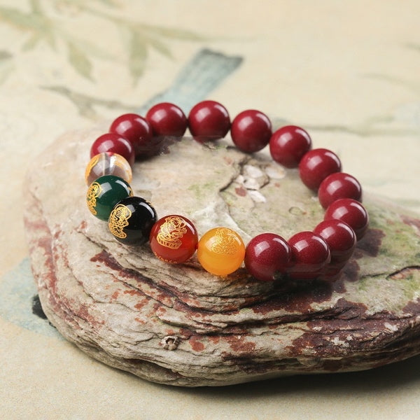 Natural Red Cinnabar Bracelet – Five Wealth Gods Totem, 12mm Elastic Fit