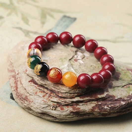 Natural Red Cinnabar Bracelet – Five Wealth Gods Totem, 12mm Elastic Fit
