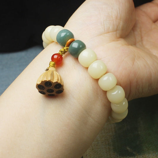 Creamy Bodhi Root Bracelet – Lotus Charm, Elastic Fit