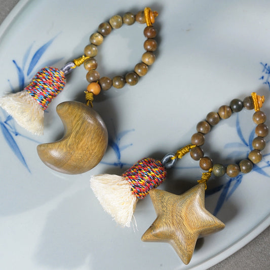 Handcrafted Green Sandalwood Charms – Star & Moon Tassel Keychain