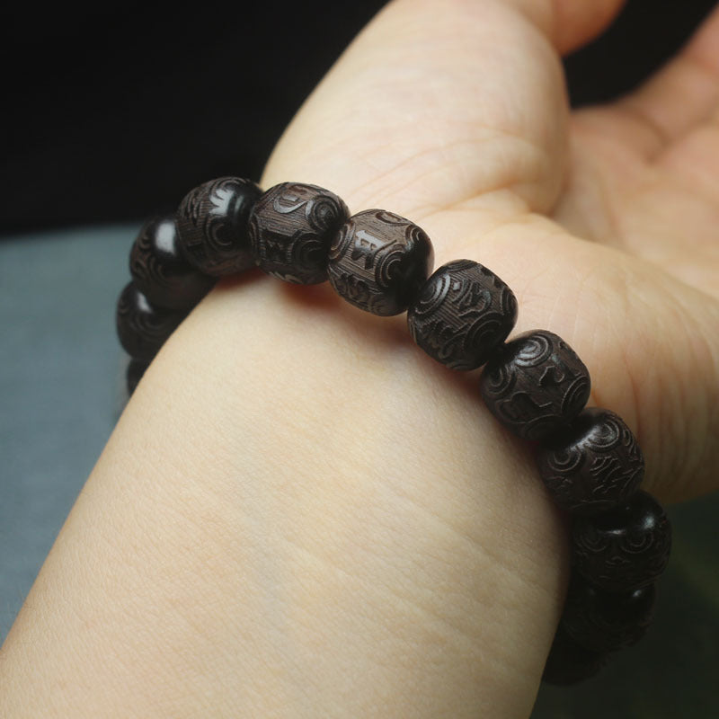 Engraved Ebony Bracelet – 12mm Six-Word Mantra Beads with Silver-Tone Accent