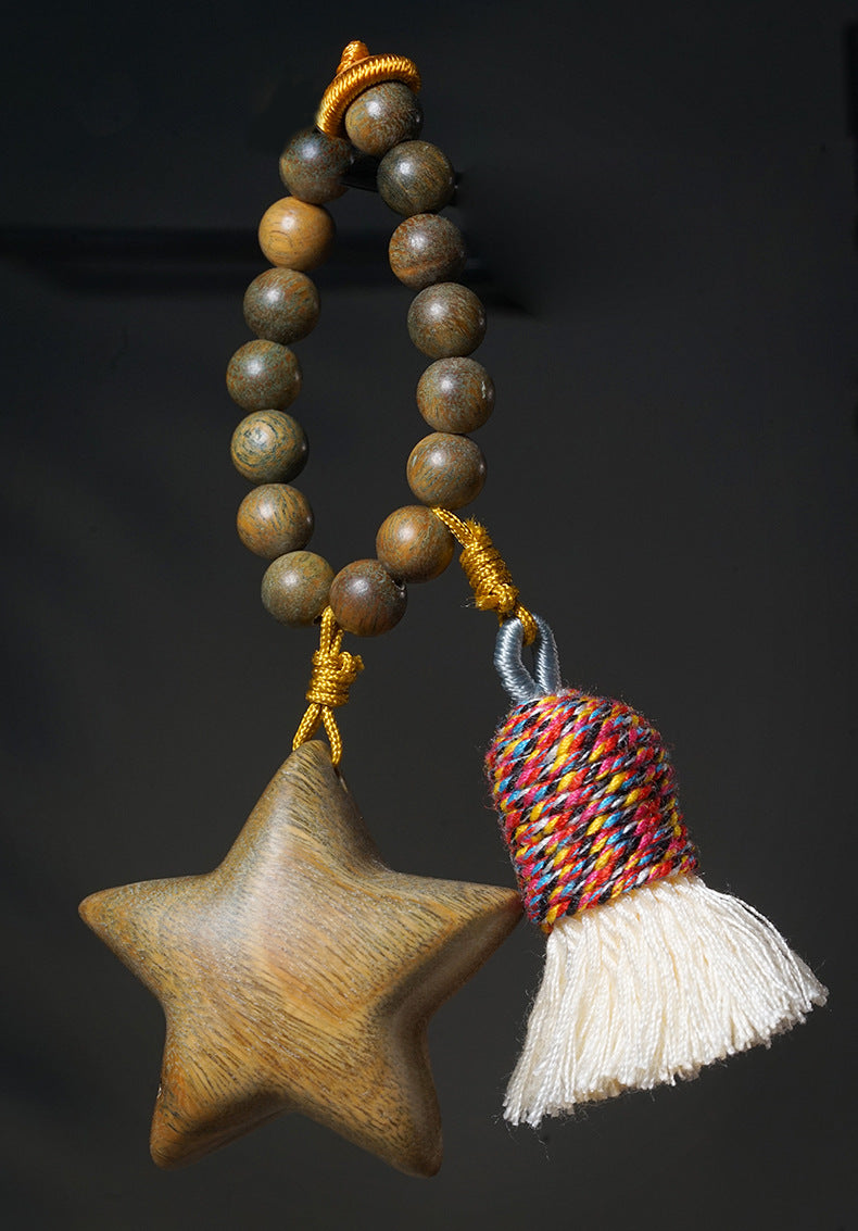 Handcrafted Green Sandalwood Charms – Star & Moon Tassel Keychain