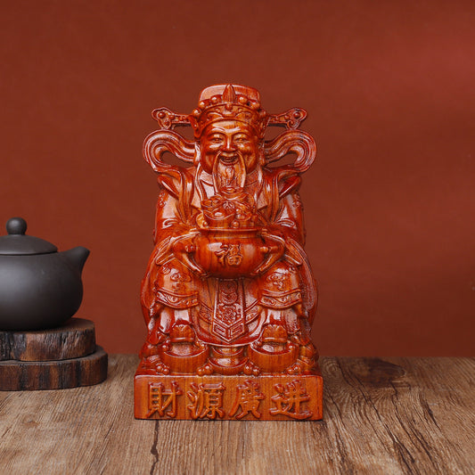 Hand-Carved God of Wealth Statue – Solid Rosewood, “Prosperity” Inscription (15cm)