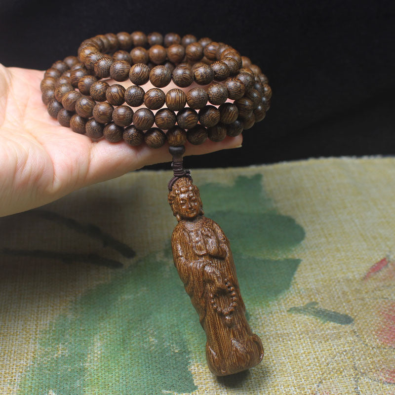Agarwood Beaded Necklace – 8mm Round Beads with Carved Guanyin Pendant