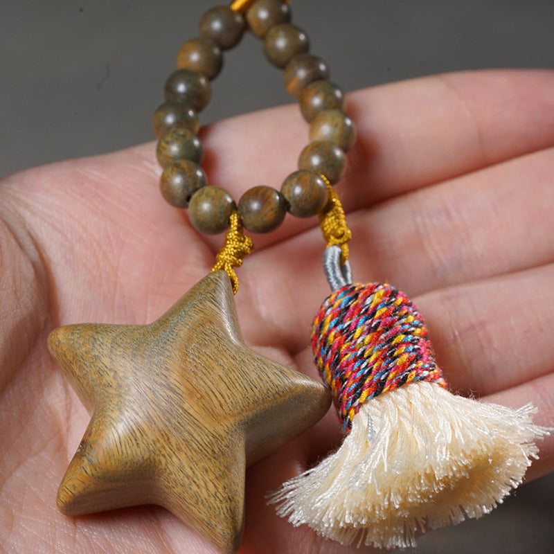Handcrafted Green Sandalwood Charms – Star & Moon Tassel Keychain