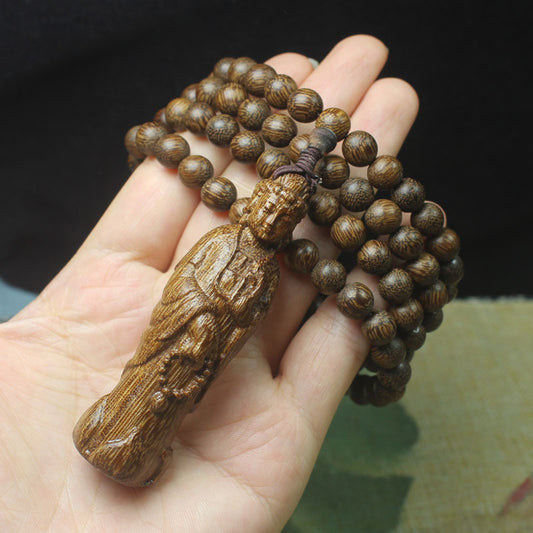Agarwood Beaded Necklace – 8mm Round Beads with Carved Guanyin Pendant