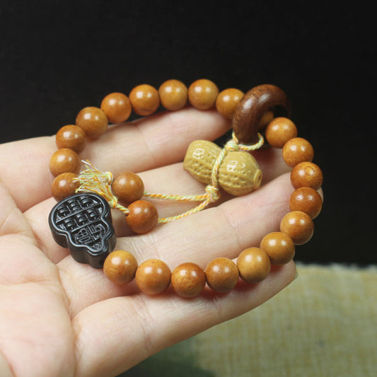 Peanut & Gourd Bracelet – Aromatic Wood Beads with Lucky Charms (Elastic Fit)