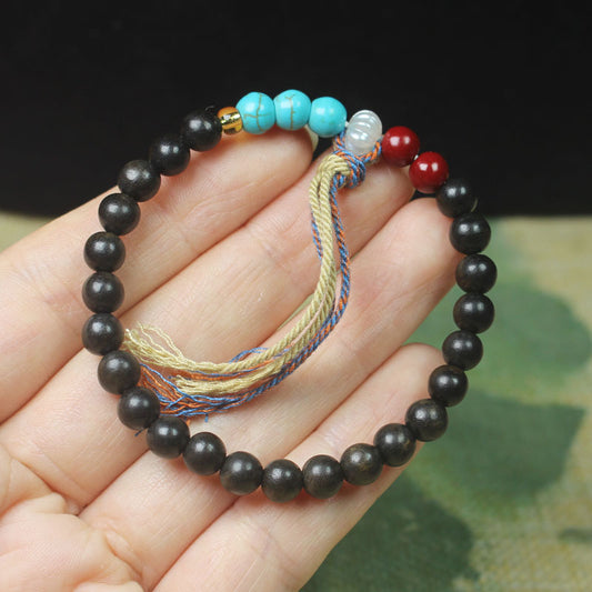 6mm Dark Wood Bracelet – Colored Accent Beads & Multicolor Tassel, Elastic Fit