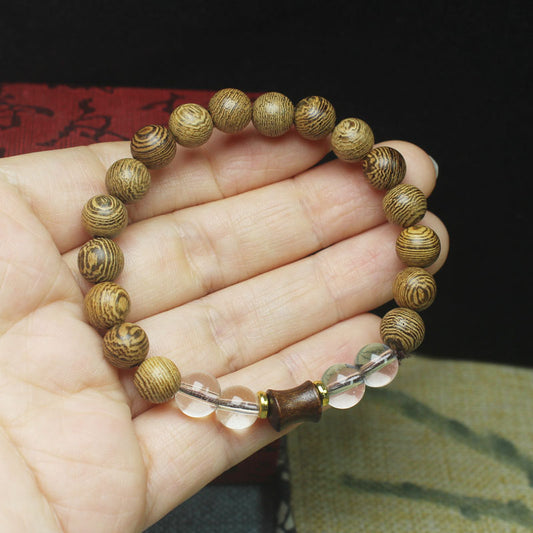 8mm Chicken-Wing Wood Bead Bracelet – Bamboo Accent & Crystal Details, Elastic Fit