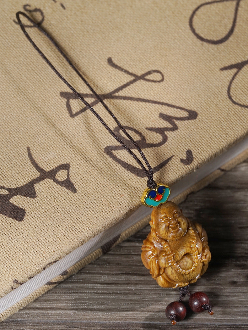 Handcarved Green Sandalwood Maitreya Buddha Charm – 2x3cm Pendant
