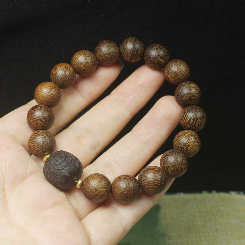 Agarwood Beaded Bracelet – 12mm Round Beads with Carved Pixiu Centerpiece