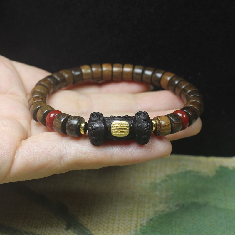 Chunky Wood Bead Bracelet – 8mm Thick Disc Beads with Ruyi Charm and Red Accents