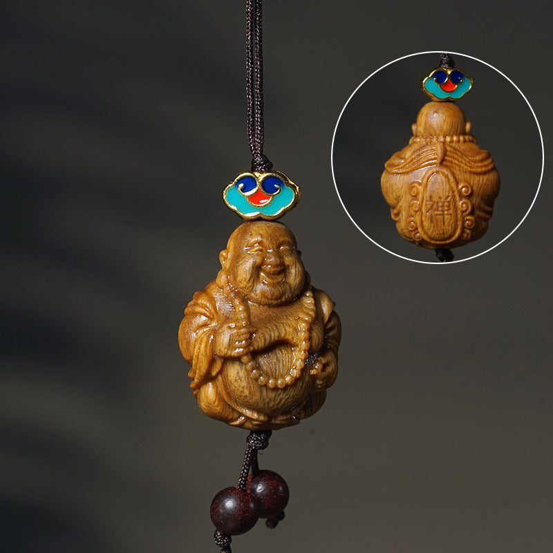 Handcarved Green Sandalwood Maitreya Buddha Charm – 2x3cm Pendant