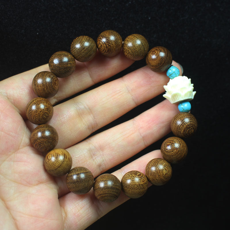 Gold Sandalwood Lotus Bracelet – 12mm Beads with White Lotus & Turquoise Accents