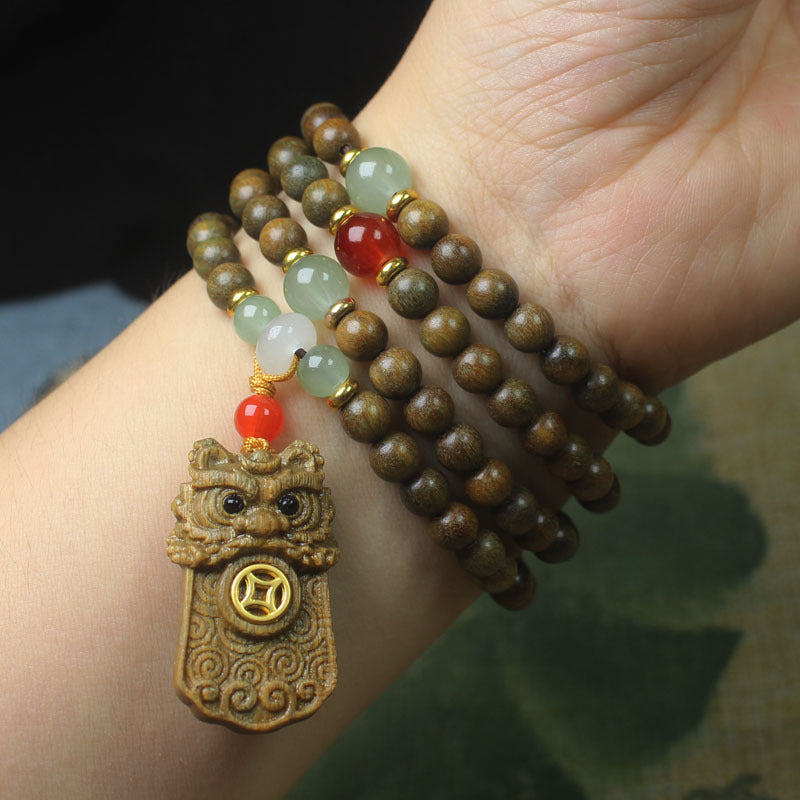 Green Sandalwood 6mm Multi-Layer Bracelet – Lion Talisman Pendant for Blessings and Courage