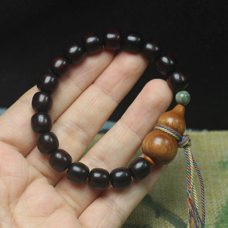 Dark Sandalwood-Style Bracelet – 9mm Beads with Pear Wood Gourd & Tassel