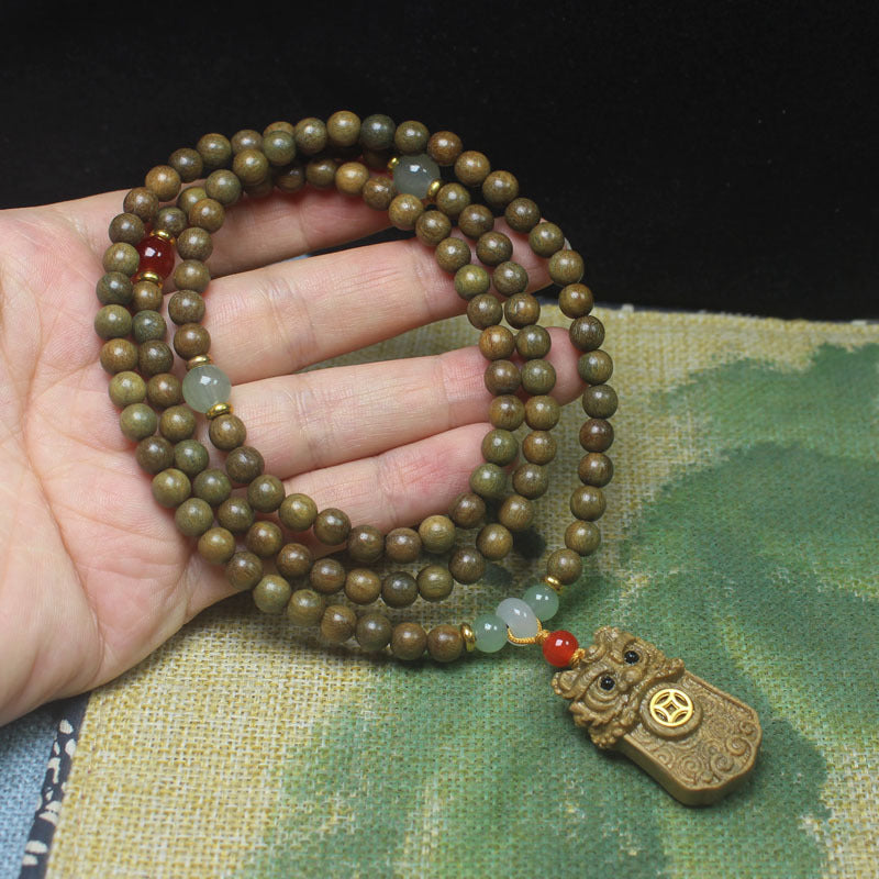 Green Sandalwood 6mm Multi-Layer Bracelet – Lion Talisman Pendant for Blessings and Courage