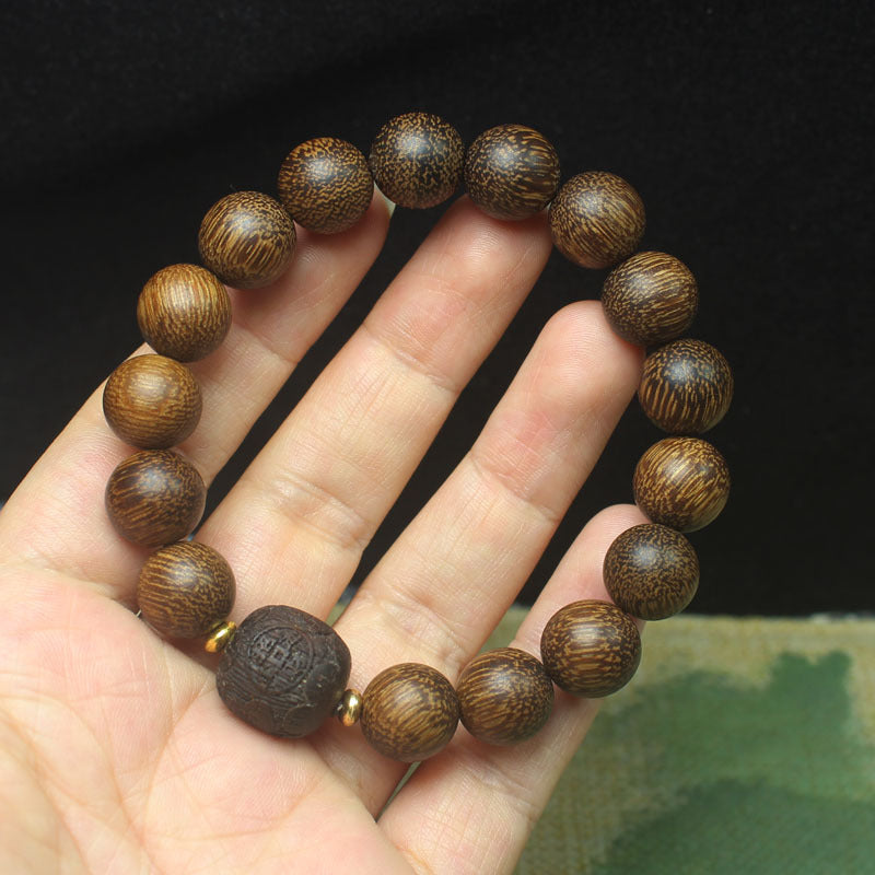Agarwood Beaded Bracelet – 12mm Round Beads with Carved Pixiu Centerpiece