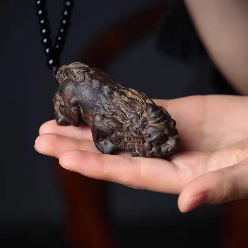 Agarwood Carved Pixiu Pendant – One-Horned Wealth Beast, Dark Finish