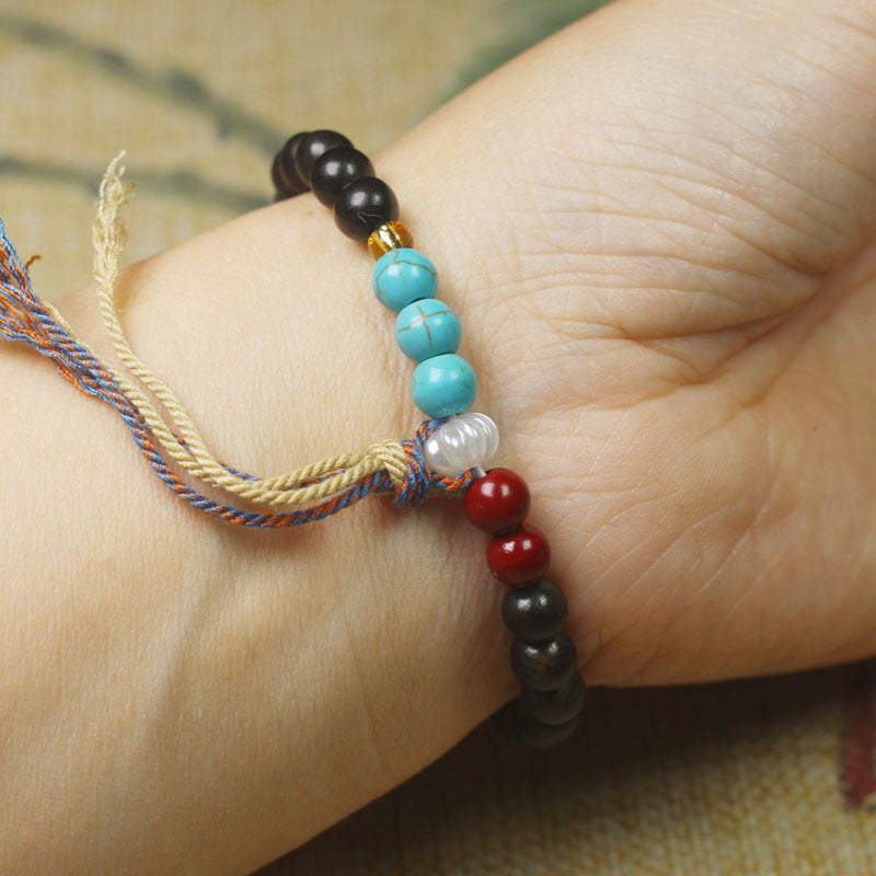 6mm Dark Wood Bracelet – Colored Accent Beads & Multicolor Tassel, Elastic Fit