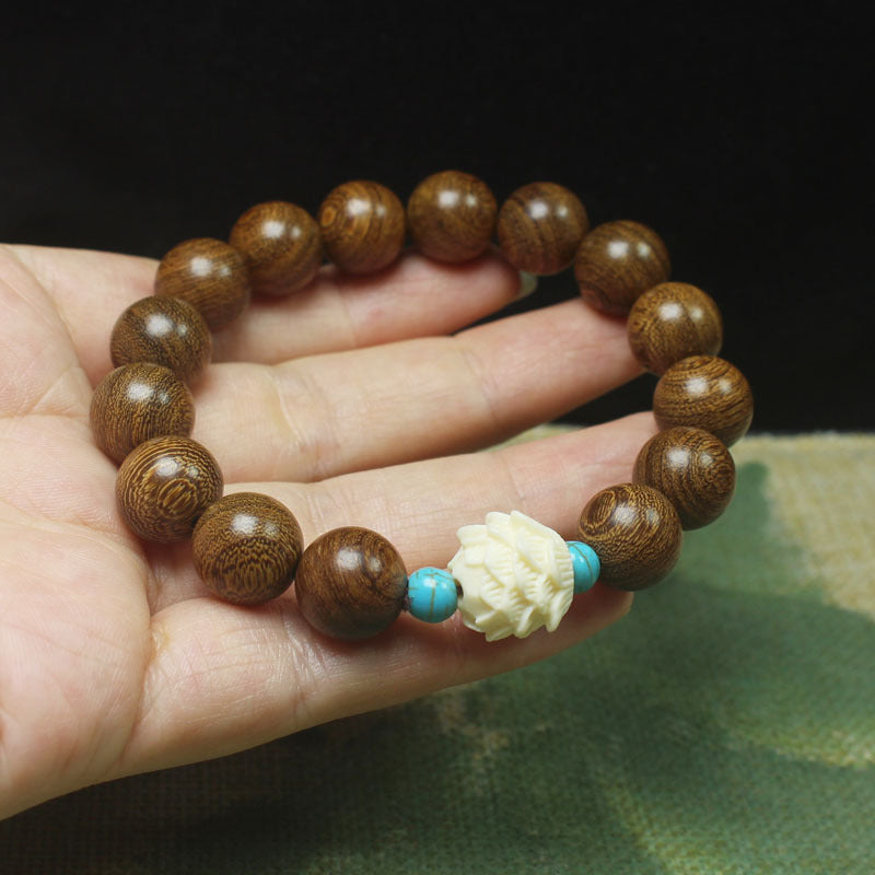 Gold Sandalwood Lotus Bracelet – 12mm Beads with White Lotus & Turquoise Accents