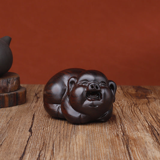 Hand-Carved Ebony Pig Statue – Symbol of Fortune and Joy (8cm)