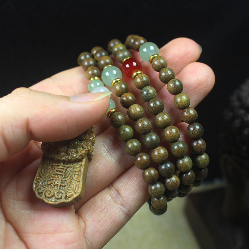 Green Sandalwood 6mm Multi-Layer Bracelet – Lion Talisman Pendant for Blessings and Courage