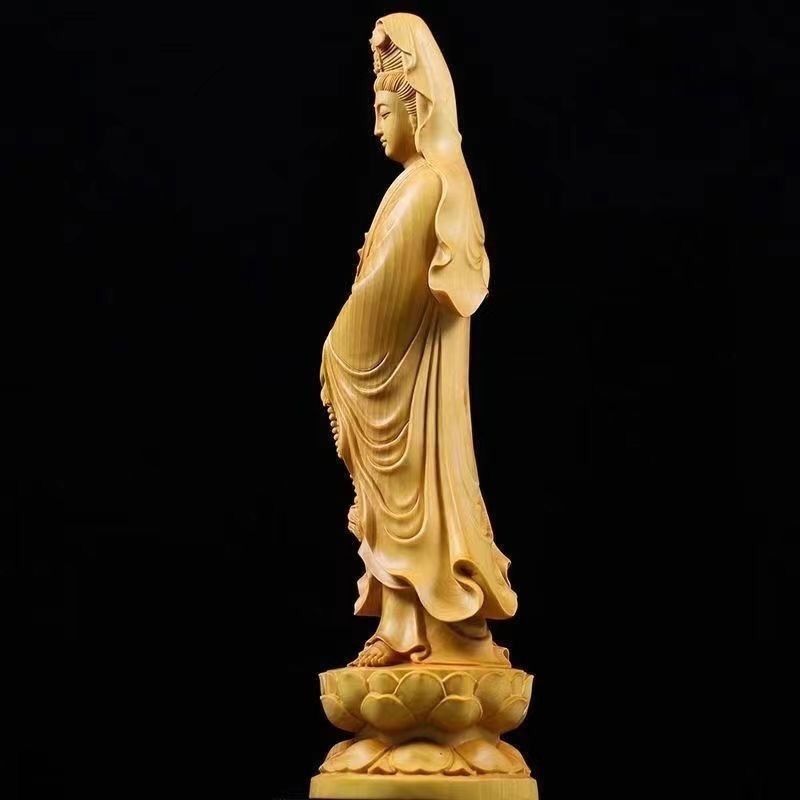 Sandalwood Guanyin Statue – Hand-Carved Standing Bodhisattva, Peaceful Blessing