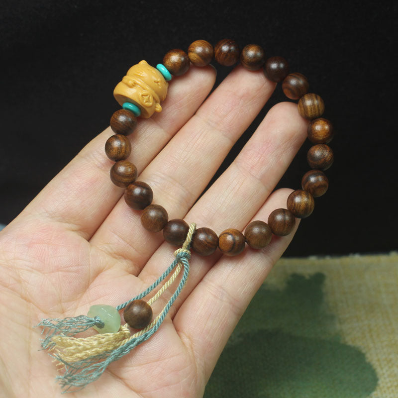 Ebony-Style Bracelet with Lucky Cat Charm – 8mm Beads, Tassel Accent