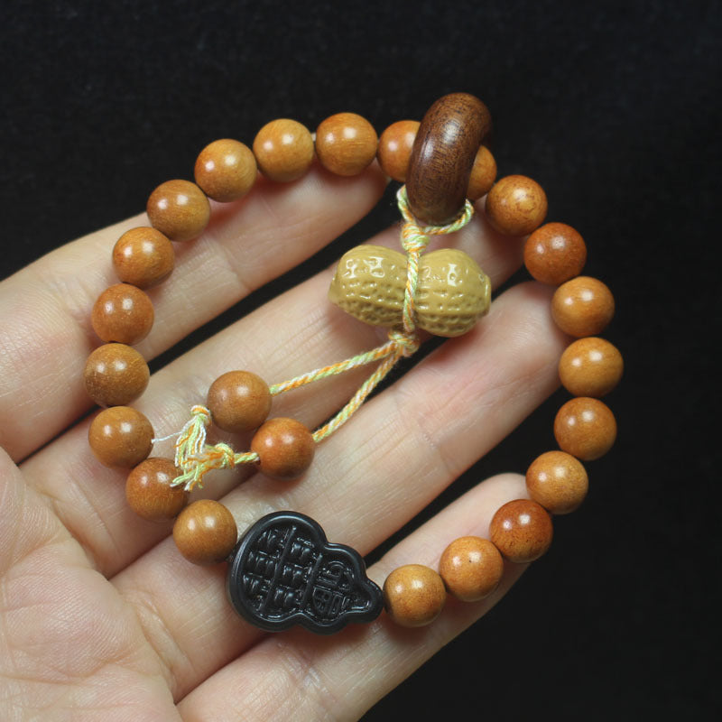Peanut & Gourd Bracelet – Aromatic Wood Beads with Lucky Charms (Elastic Fit)