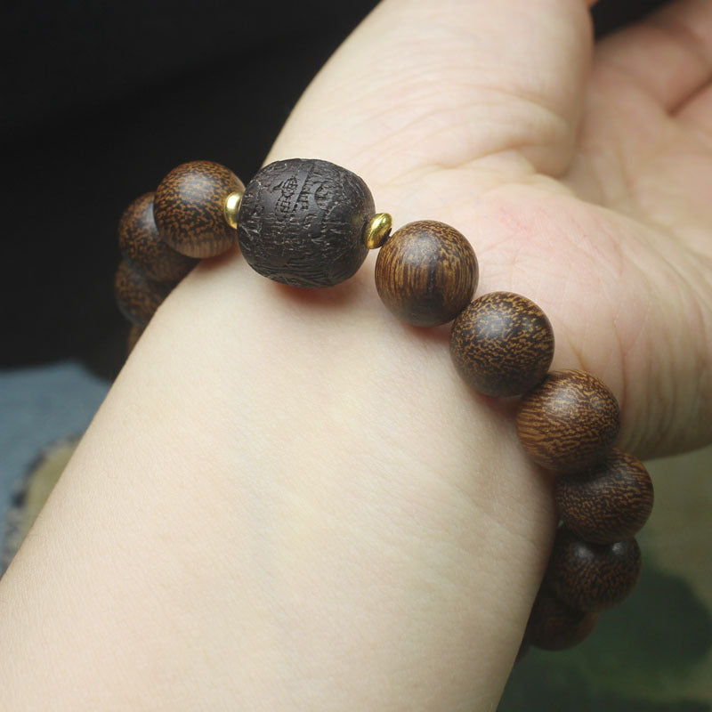 Agarwood Beaded Bracelet – 12mm Round Beads with Carved Pixiu Centerpiece